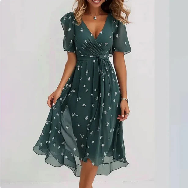 Damen Midi Wickelkleid mit Druck und Bindegürtel