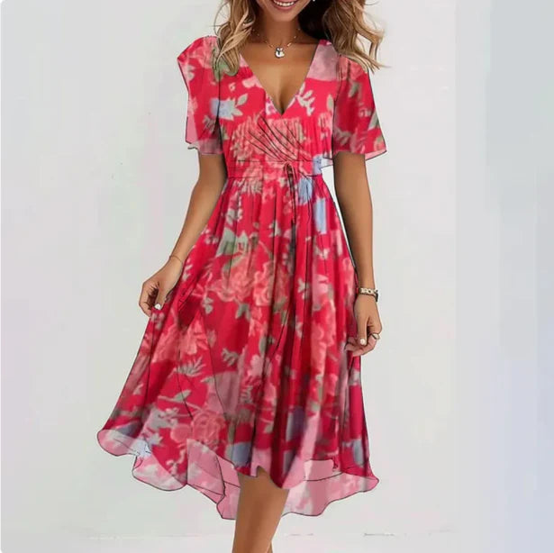 Damen Midi Wickelkleid mit Druck und Bindegürtel