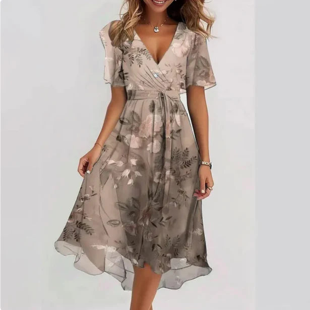 Damen Midi Wickelkleid mit Druck und Bindegürtel