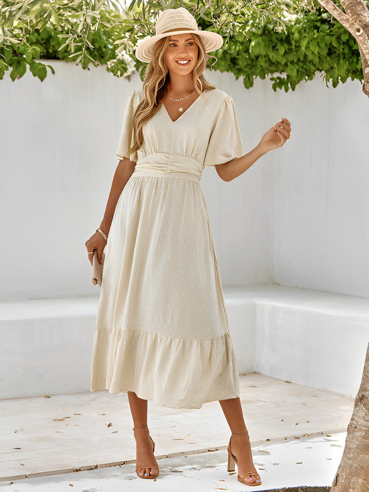 Damen Sommer Belted Midikleid mit V-Ausschnitt and Rüschenabschluss