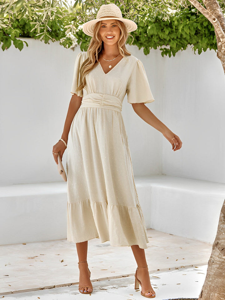 Damen Sommer Belted Midikleid mit V-Ausschnitt and Rüschenabschluss