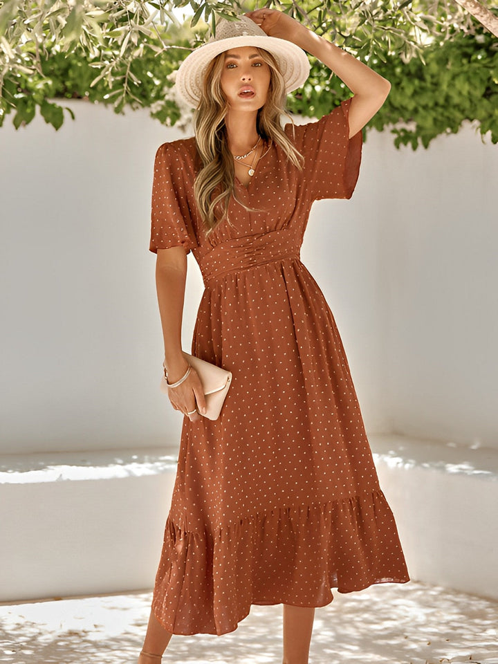 Damen Sommer Belted Midikleid mit V-Ausschnitt and Rüschenabschluss