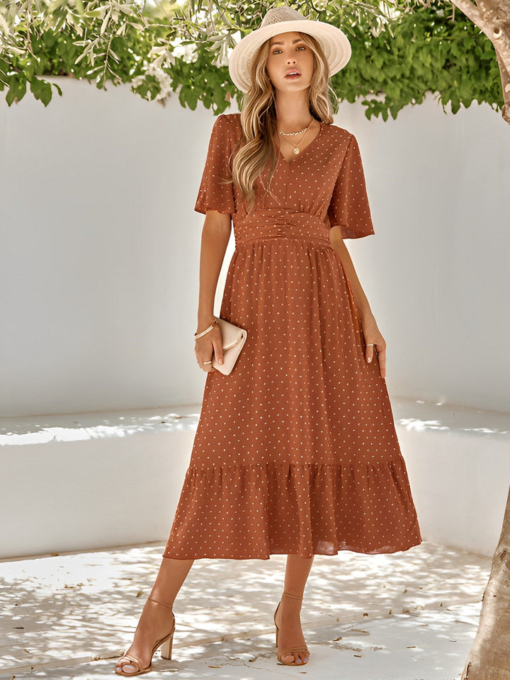 Damen Sommer Belted Midikleid mit V-Ausschnitt and Rüschenabschluss