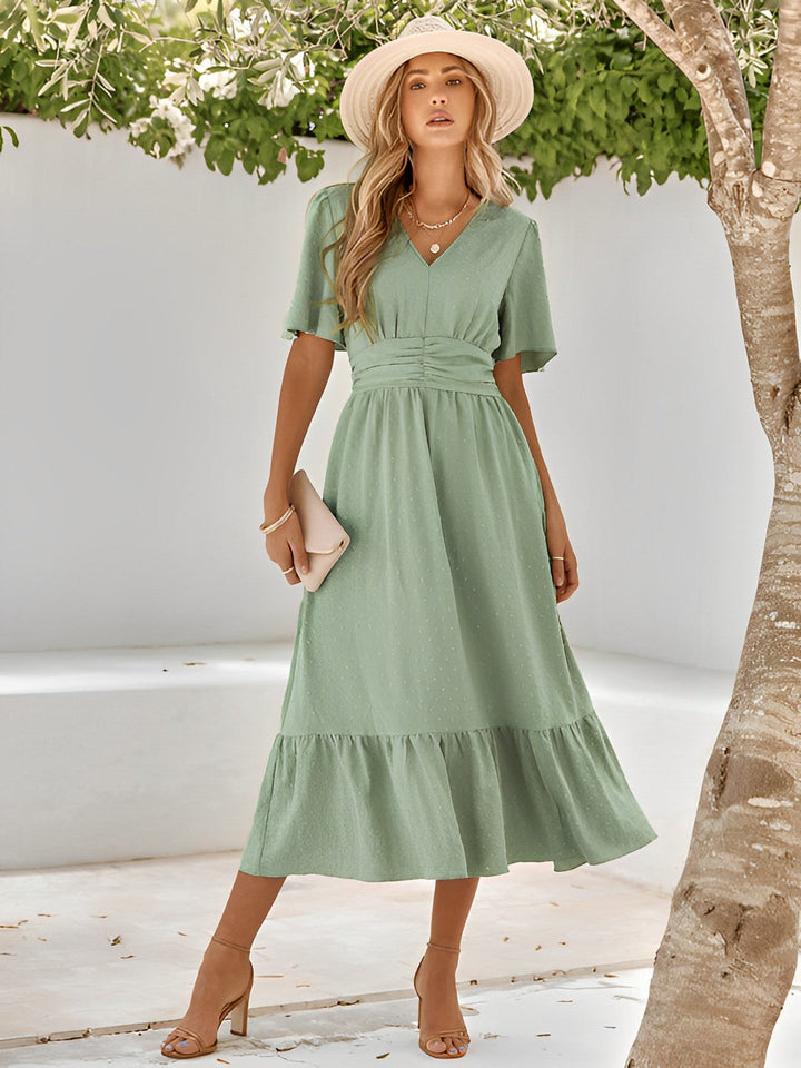 Damen Sommer Belted Midikleid mit V-Ausschnitt and Rüschenabschluss