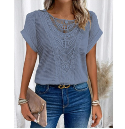 Waffelstrick-Bluse mit Spitzenbesatz für Damen
