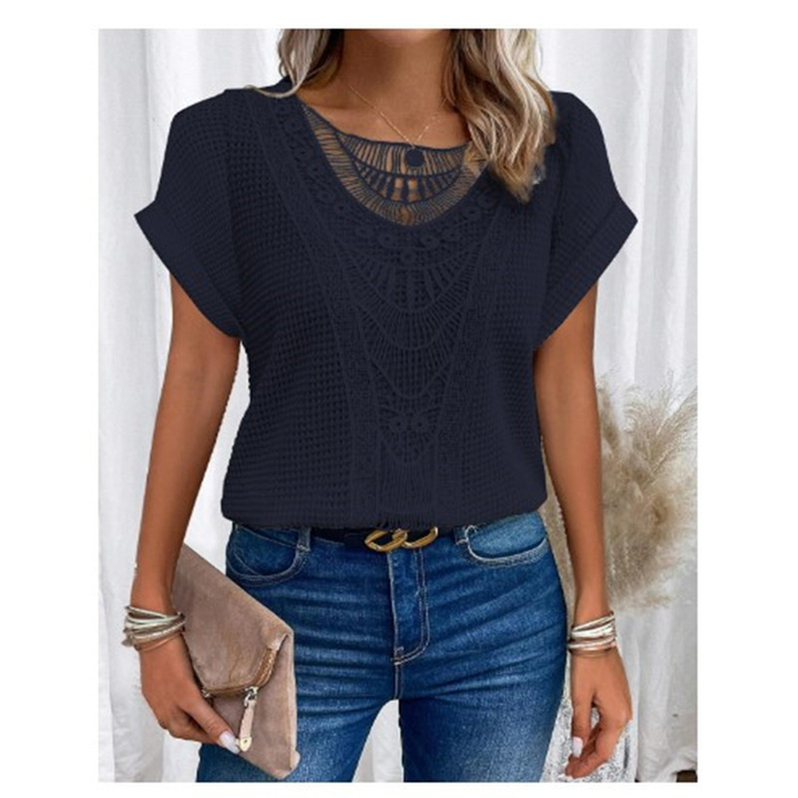 Waffelstrick-Bluse mit Spitzenbesatz für Damen