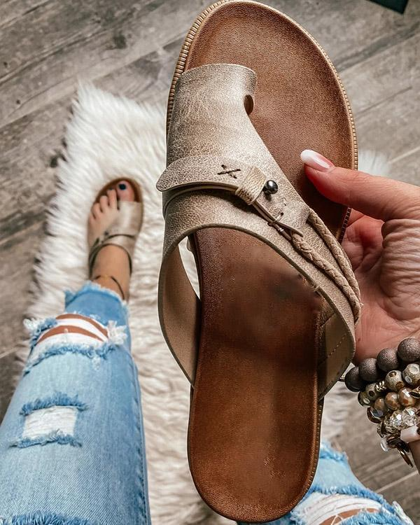 Damen Sommer-Flachsandalen mit Zehenring und Schnur Schnalle Stil