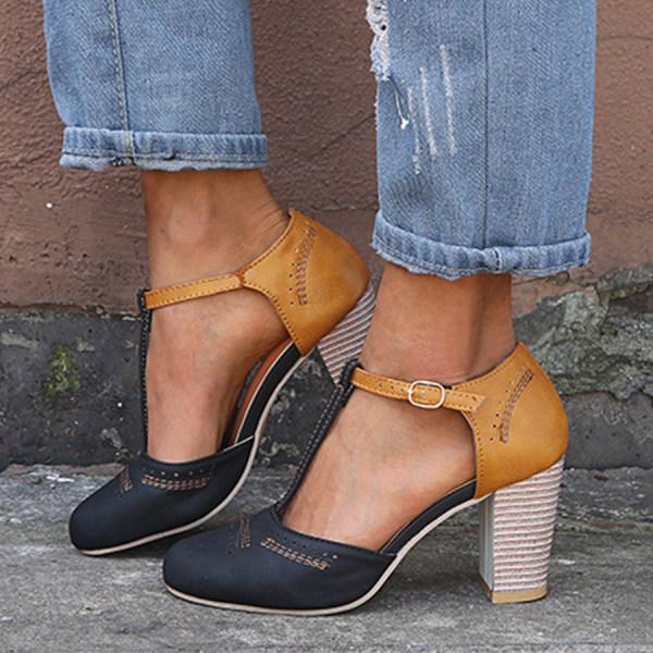 Damen High Heels Sandalen mit T-Strap Design und Blockabsätzen