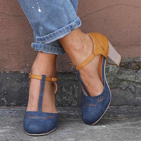 Damen High Heels Sandalen mit T-Strap Design und Blockabsätzen