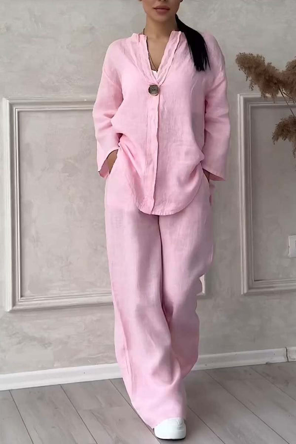 Damen-Leinen-Set mit V-Ausschnitt-Top und weiten Hosen