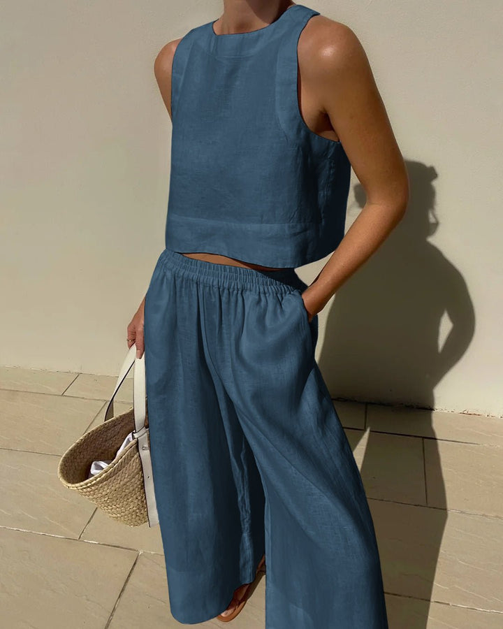 Damen-Leinenset mit Crop-Top und weiter Hose