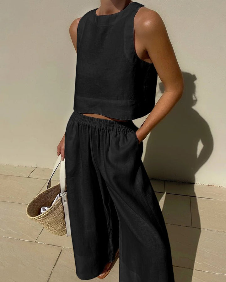 Damen-Leinenset mit Crop-Top und weiter Hose