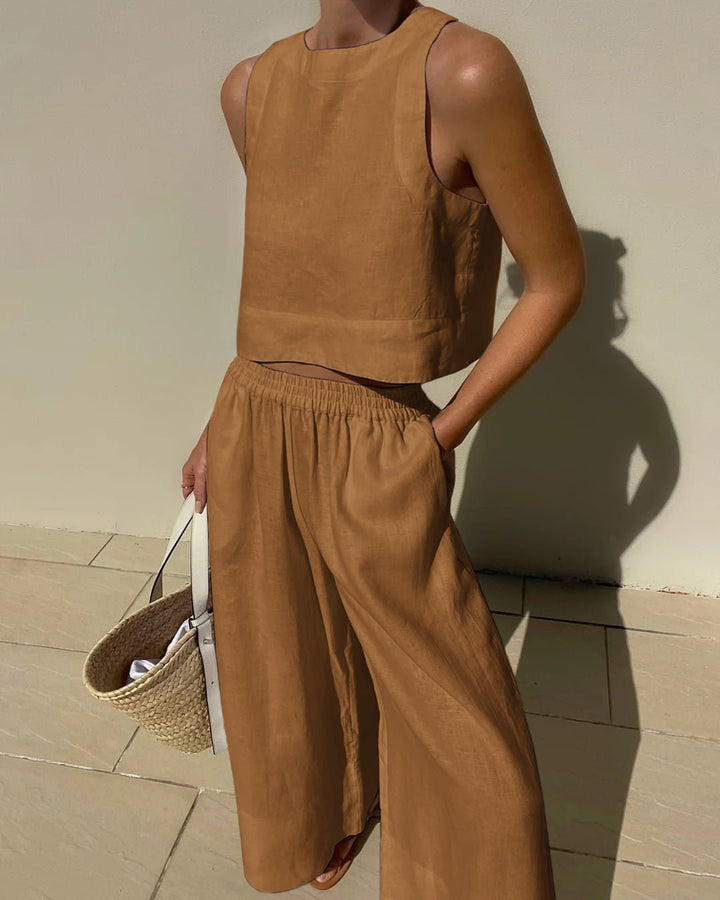 Damen-Leinenset mit Crop-Top und weiter Hose