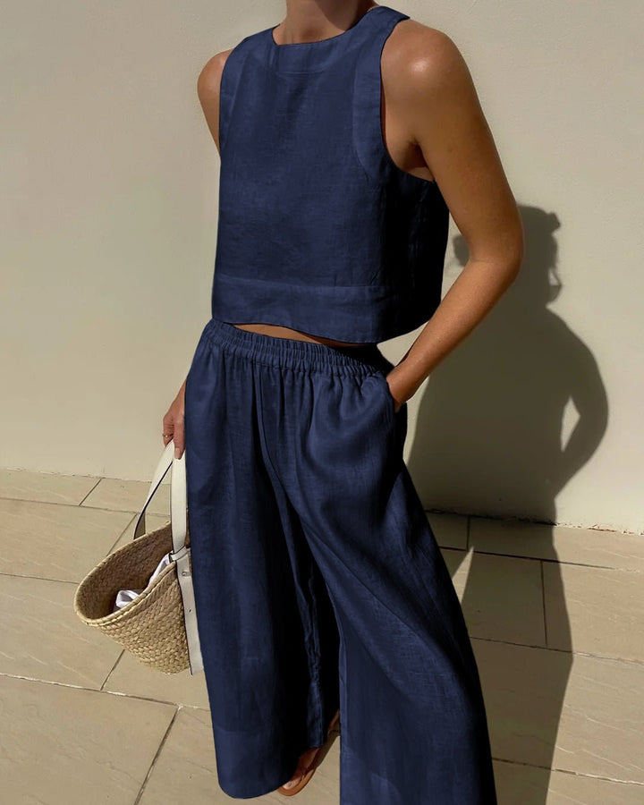 Damen-Leinenset mit Crop-Top und weiter Hose