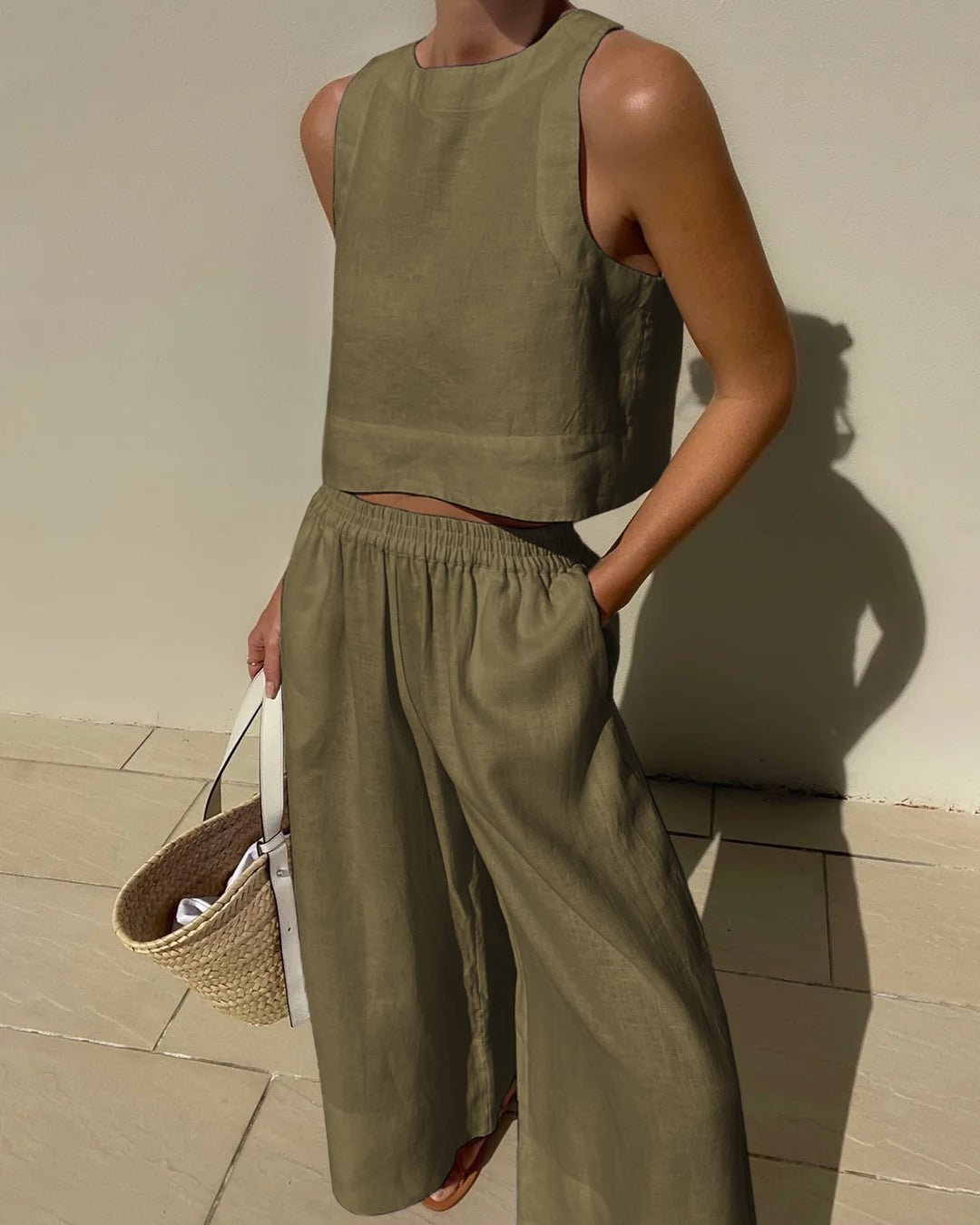 Damen-Leinenset mit Crop-Top und weiter Hose