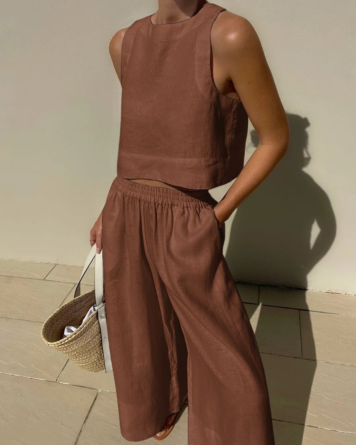 Damen-Leinenset mit Crop-Top und weiter Hose