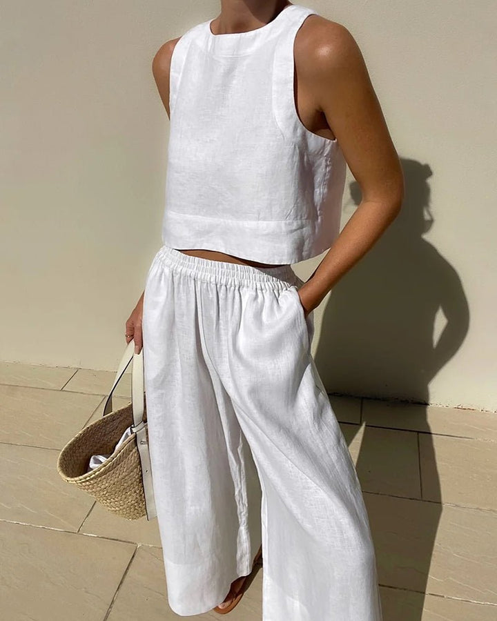 Damen-Leinenset mit Crop-Top und weiter Hose