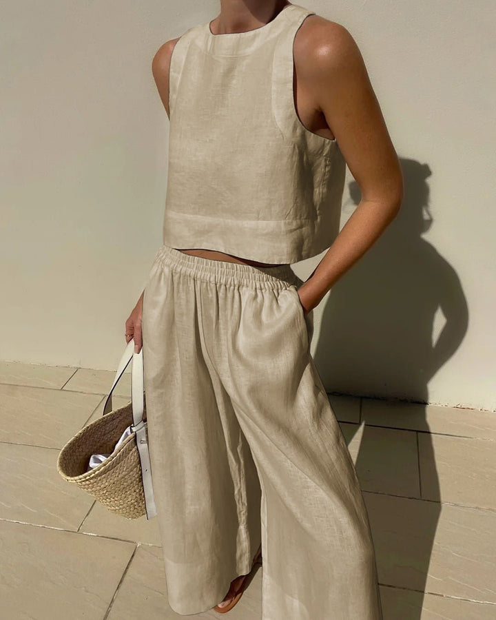 Damen-Leinenset mit Crop-Top und weiter Hose