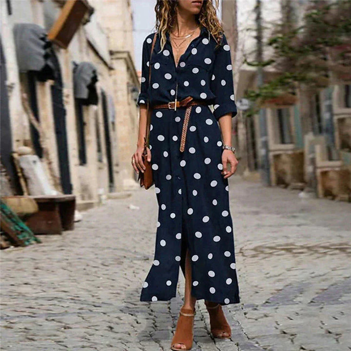 Damen Kleid mit Polka-Punkten Midi-Länge