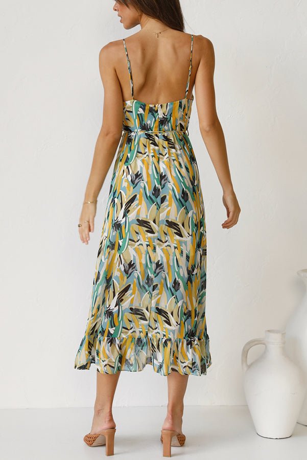 Damen Midikleid mit abstraktem Muster und Spaghettiträgern