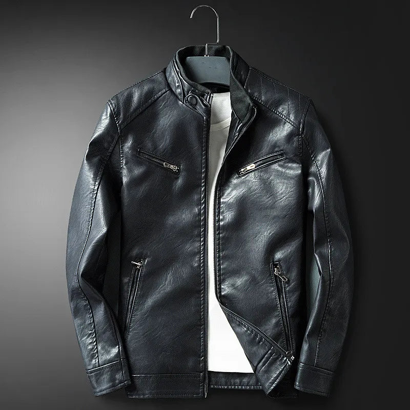 Herren Vegan-Lederjacke mit Stehkragen und Reißverschlusstaschen