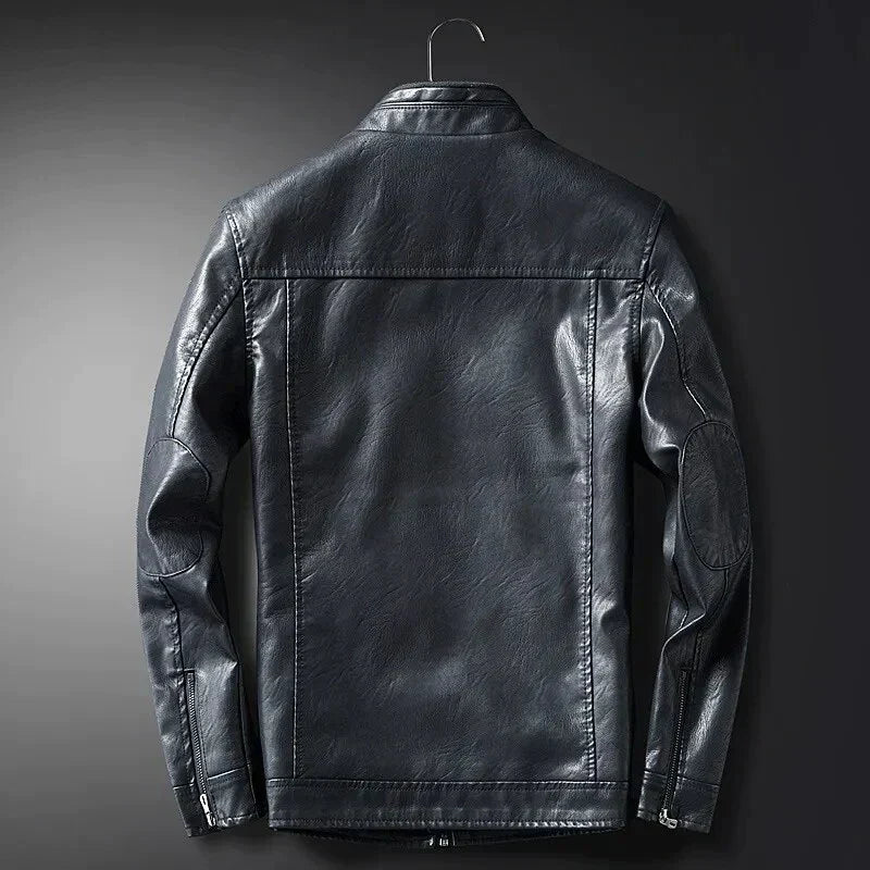 Herren Vegan-Lederjacke mit Stehkragen und Reißverschlusstaschen