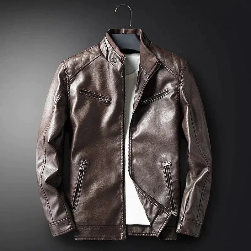 Herren Vegan-Lederjacke mit Stehkragen und Reißverschlusstaschen