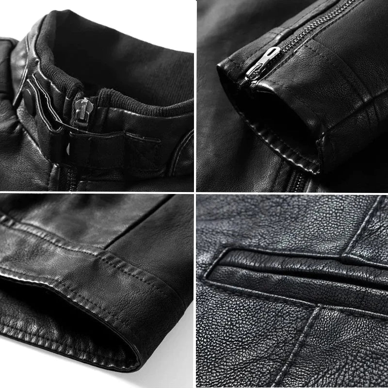 Herren Vegan-Lederjacke mit Stehkragen und Reißverschlusstaschen