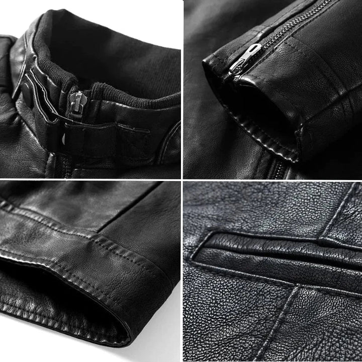 Herren Vegan-Lederjacke mit Stehkragen und Reißverschlusstaschen