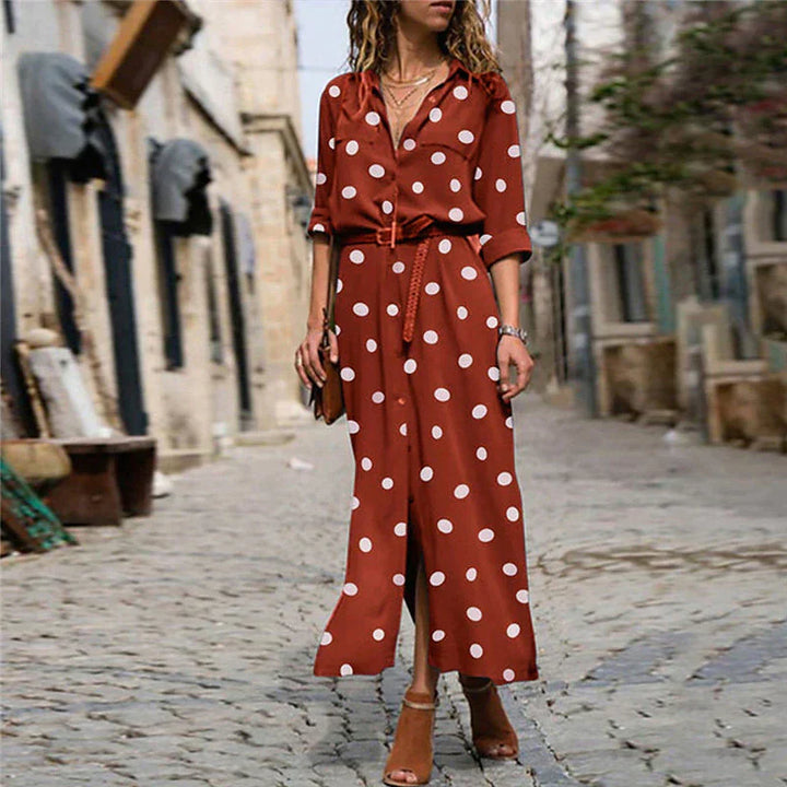 Damen Kleid mit Polka-Punkten Midi-Länge