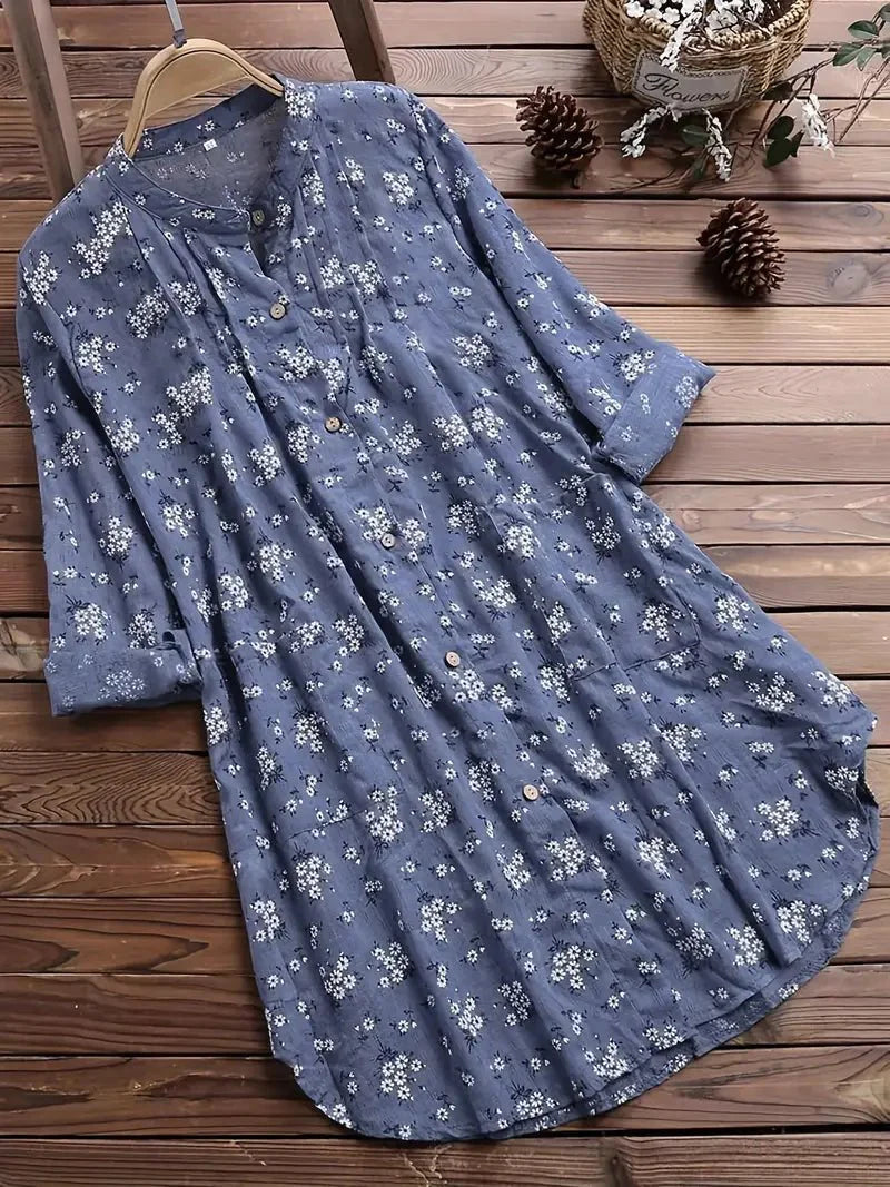 Langärmliges Blumenkleid mit Knopfleiste für Damen