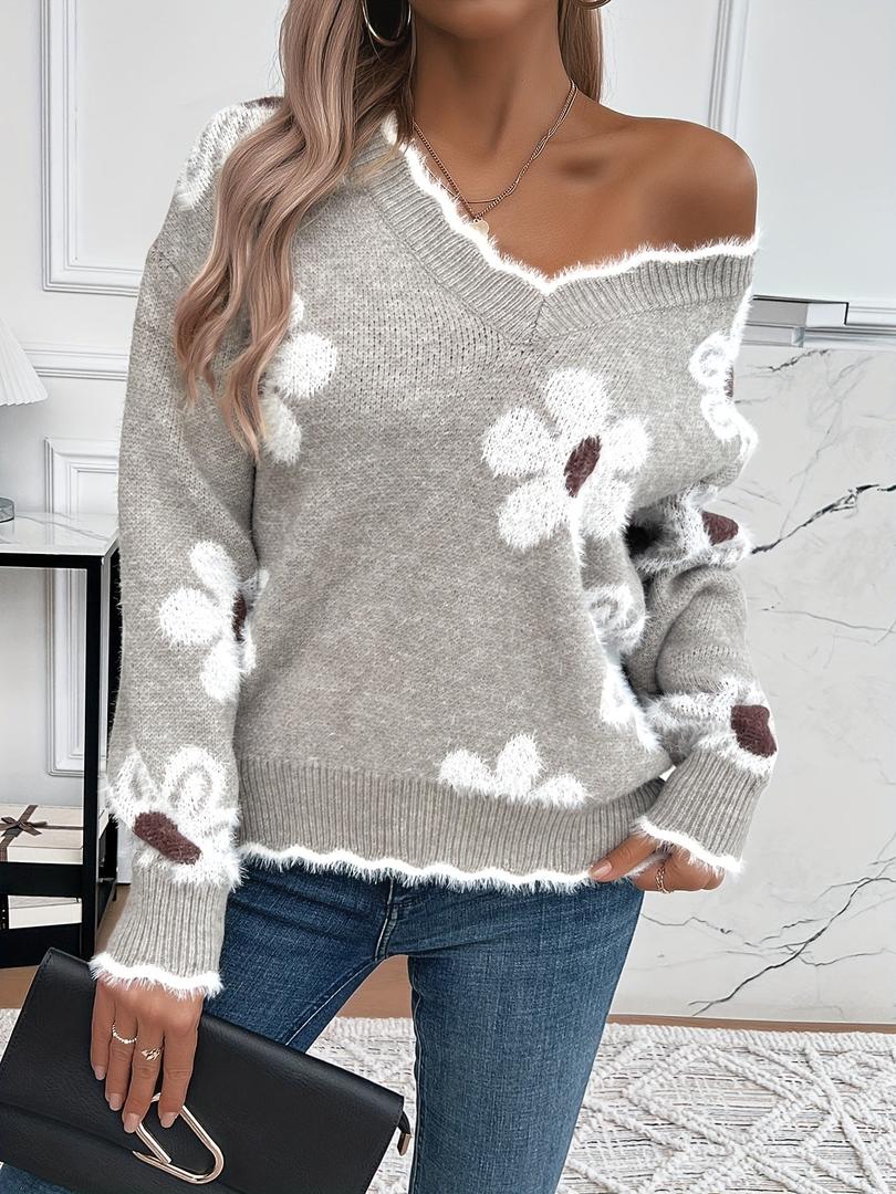 Damen Strickpullover Mit Blumenmuster | V-Ausschnitt