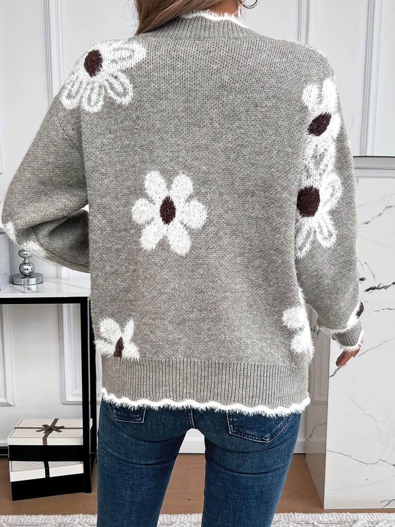 Damen Strickpullover Mit Blumenmuster | V-Ausschnitt