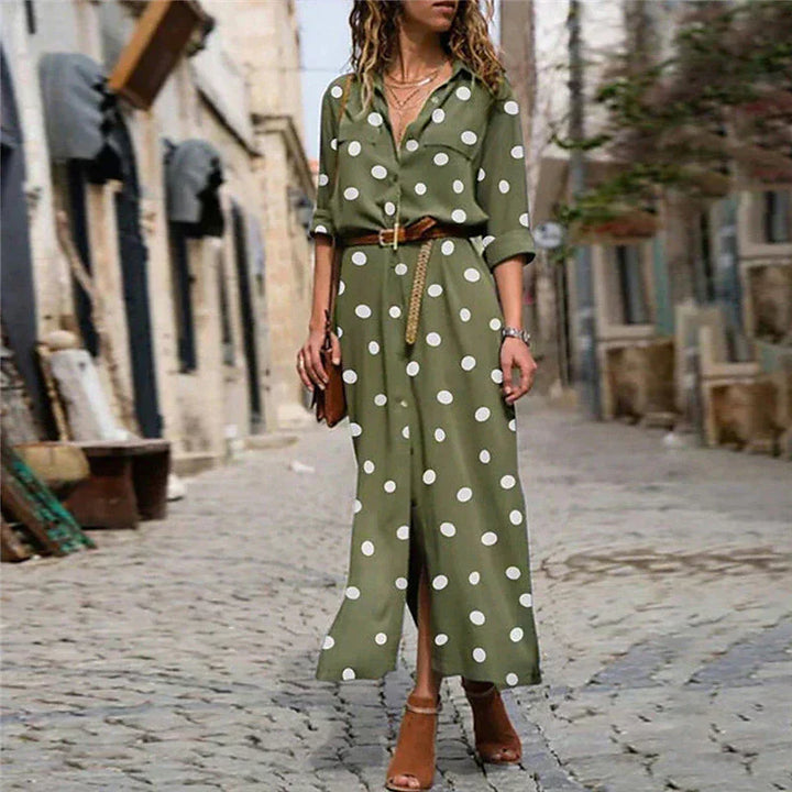 Damen Kleid mit Polka-Punkten Midi-Länge