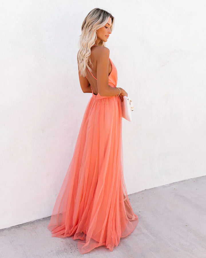 Damen Tüll Maxikleid mit V-Ausschnitt