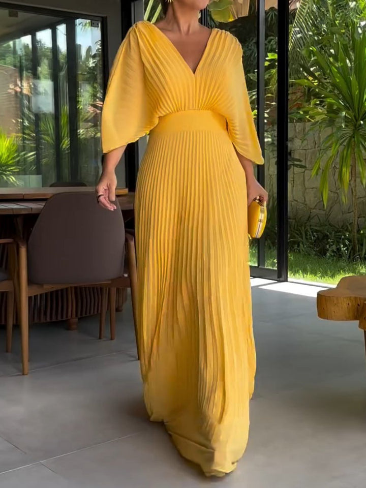 Damen Maxikleid mit Falten und V-Ausschnitt