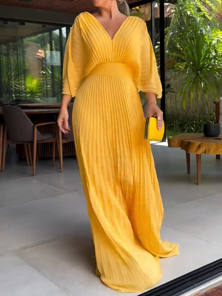 Damen Maxikleid mit Falten und V-Ausschnitt