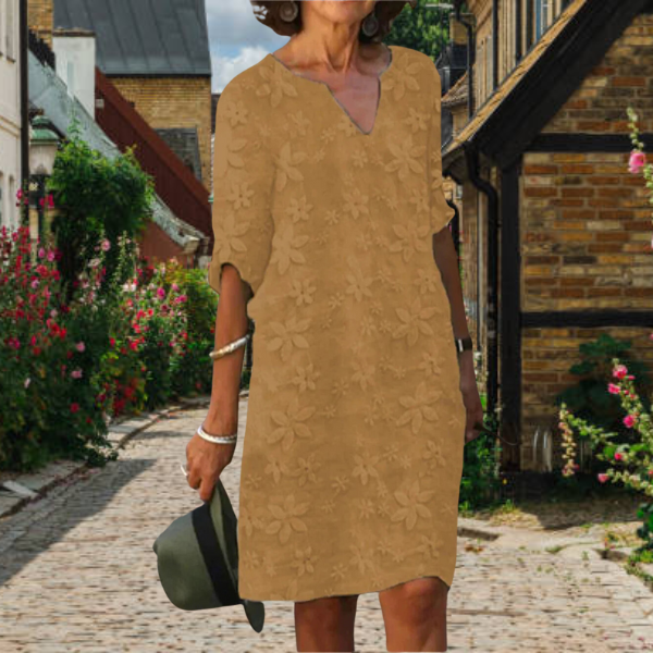Damen-Midikleid mit V-Ausschnitt und Blumenstickerei
