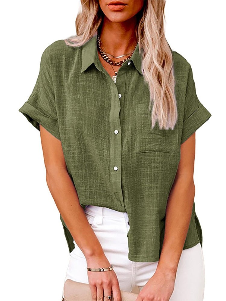 Damen Sommer Kurzarmbluse mit Knöpfen and Tasche