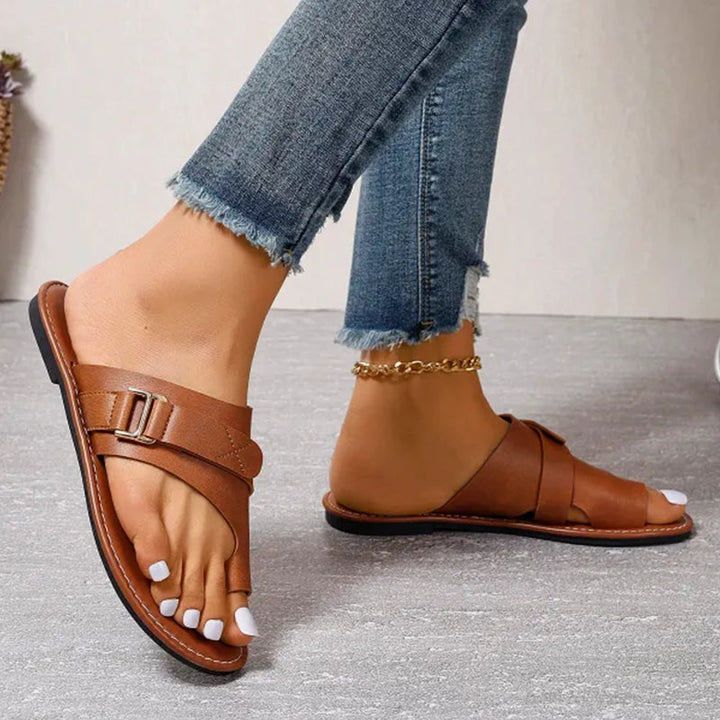 Damen Sommer Zehenring-Flachsandalen mit Schnallenriemen