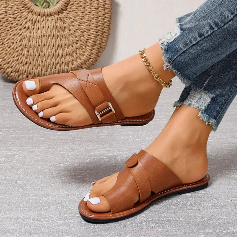 Damen Sommer Zehenring-Flachsandalen mit Schnallenriemen