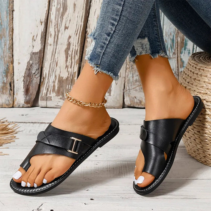 Damen Sommer Zehenring-Flachsandalen mit Schnallenriemen