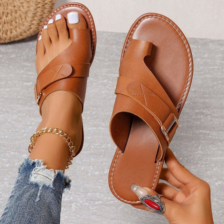 Damen Sommer Zehenring-Flachsandalen mit Schnallenriemen