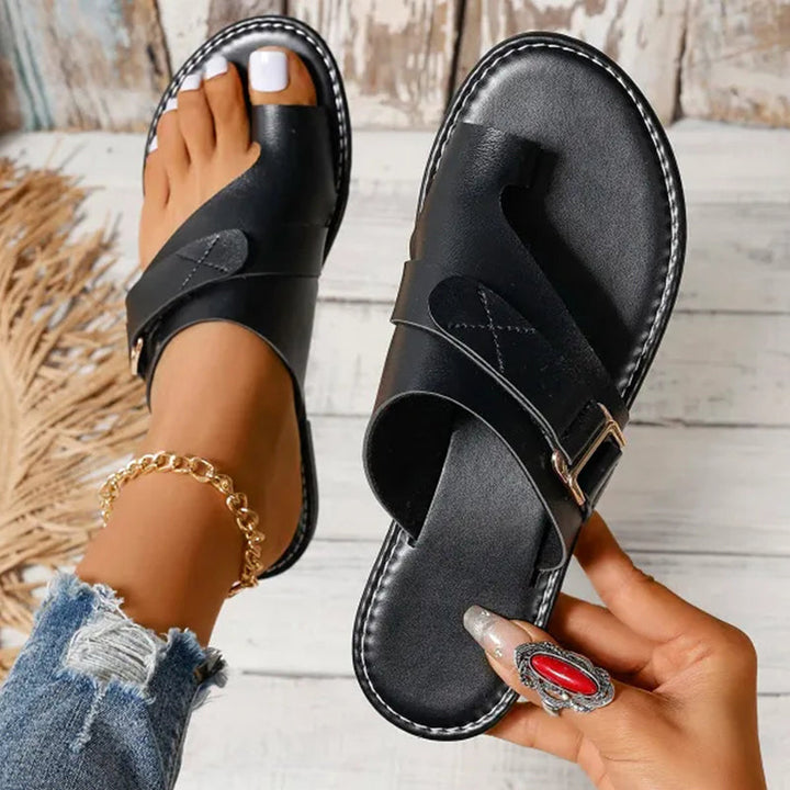 Damen Sommer Zehenring-Flachsandalen mit Schnallenriemen