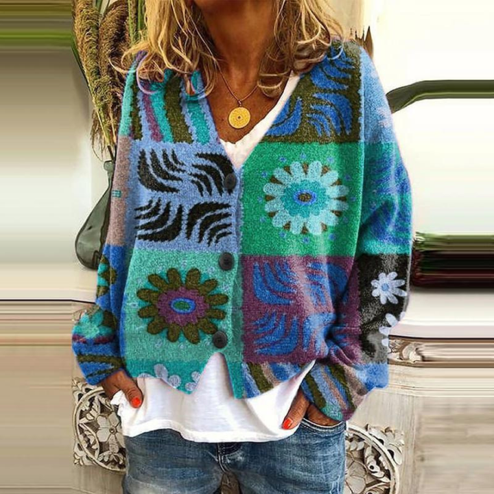 Damen Strickjacke Mit Blumenmuster Und V-Ausschnitt | Mit Knopfleiste
