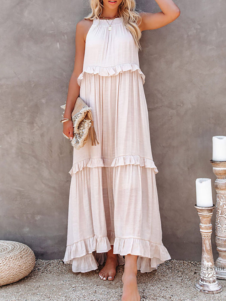 Damen-Maxi-Kleid mit Halterneck und gestuften Rüschen