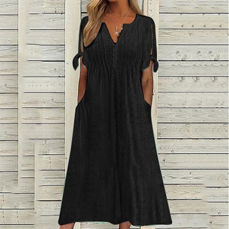 Damen Sommer-Midikleid mit V-Ausschnitt und Lochstickerei-Stoff