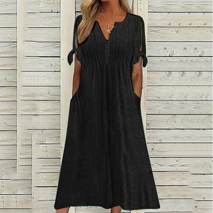 Damen Sommer-Midikleid mit V-Ausschnitt und Lochstickerei-Stoff