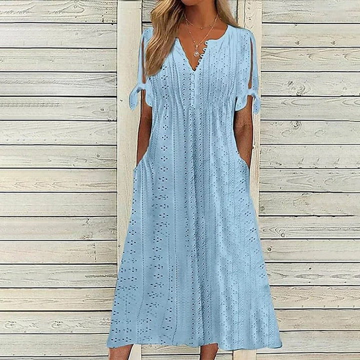 Damen Sommer-Midikleid mit V-Ausschnitt und Lochstickerei-Stoff