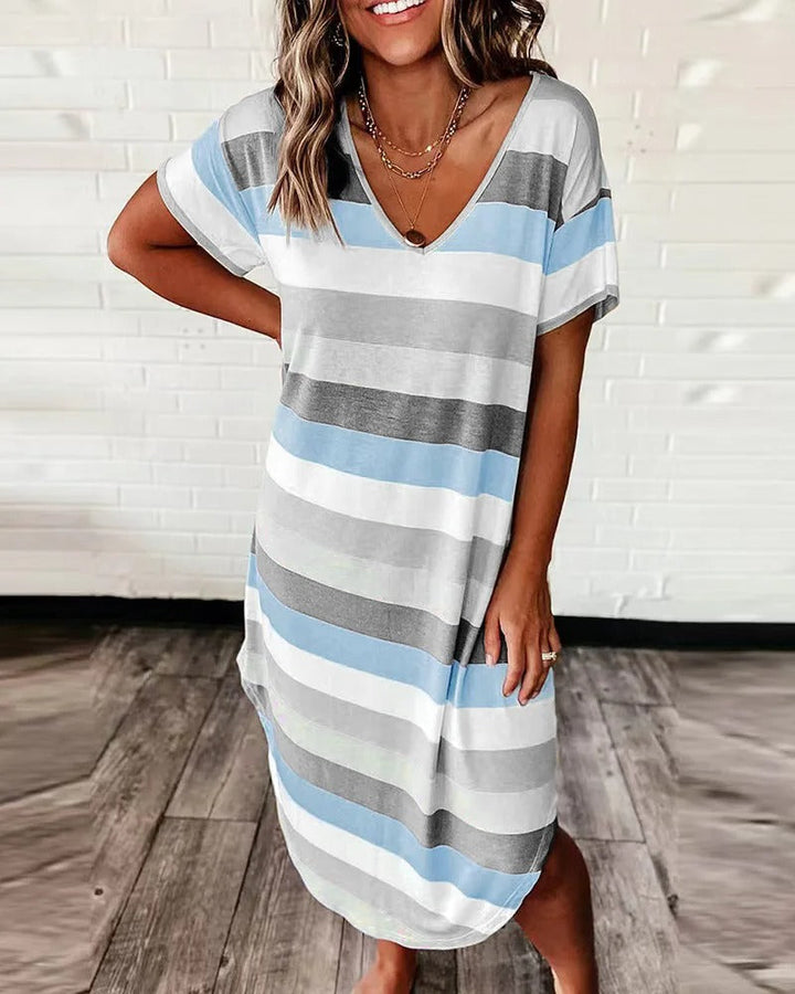 Damen-Midikleid mit kurzen Ärmeln und Streifenmuster